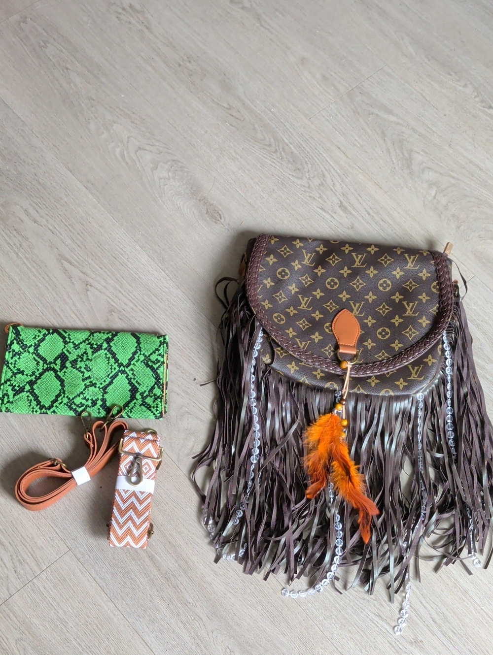 BOHO Fringe Crossbody with Orange Feather Charm